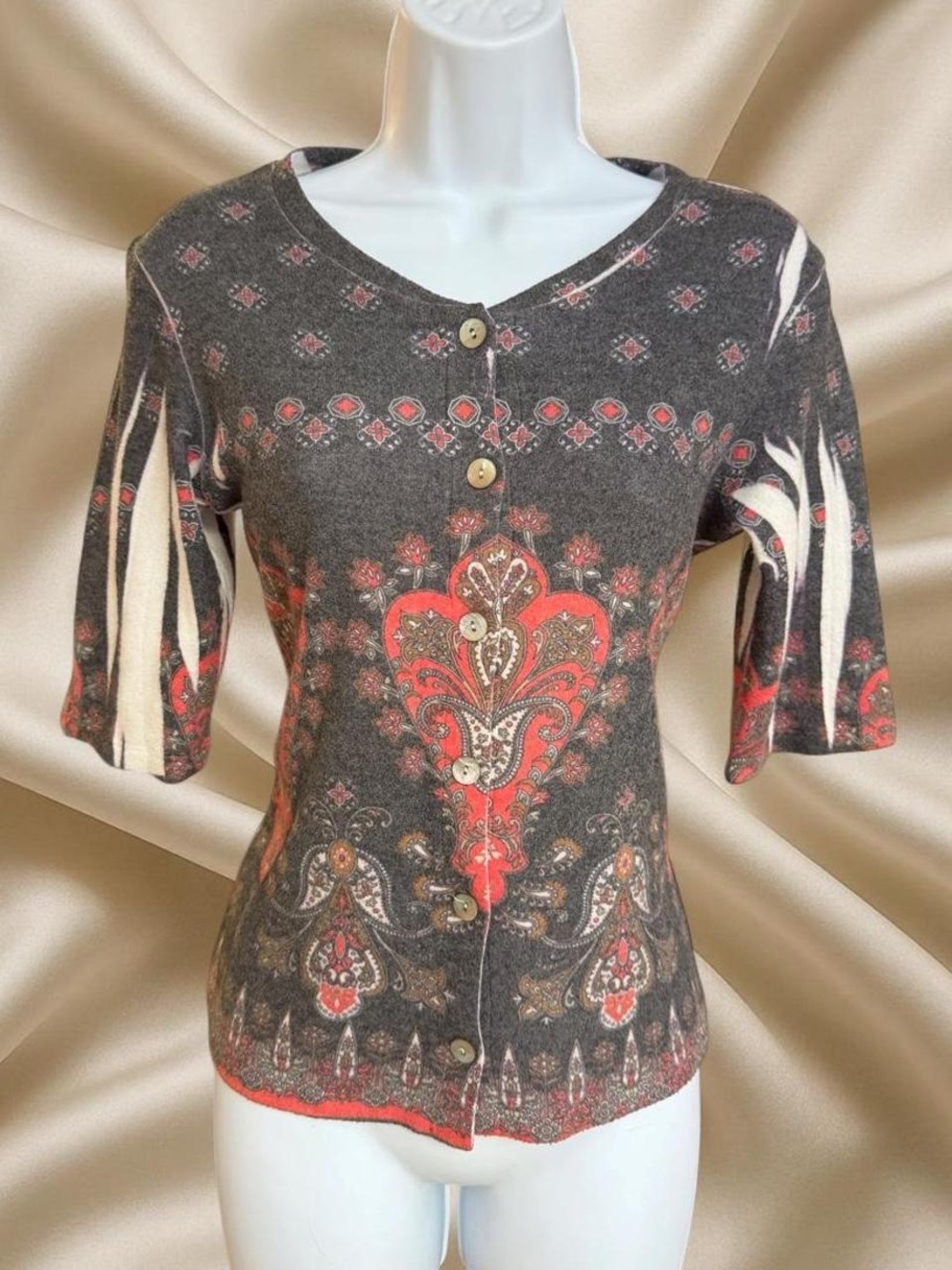 Vintage Boho Paisley Knit Cardigan Top Fairy Grunge 2000s Indie Shirt